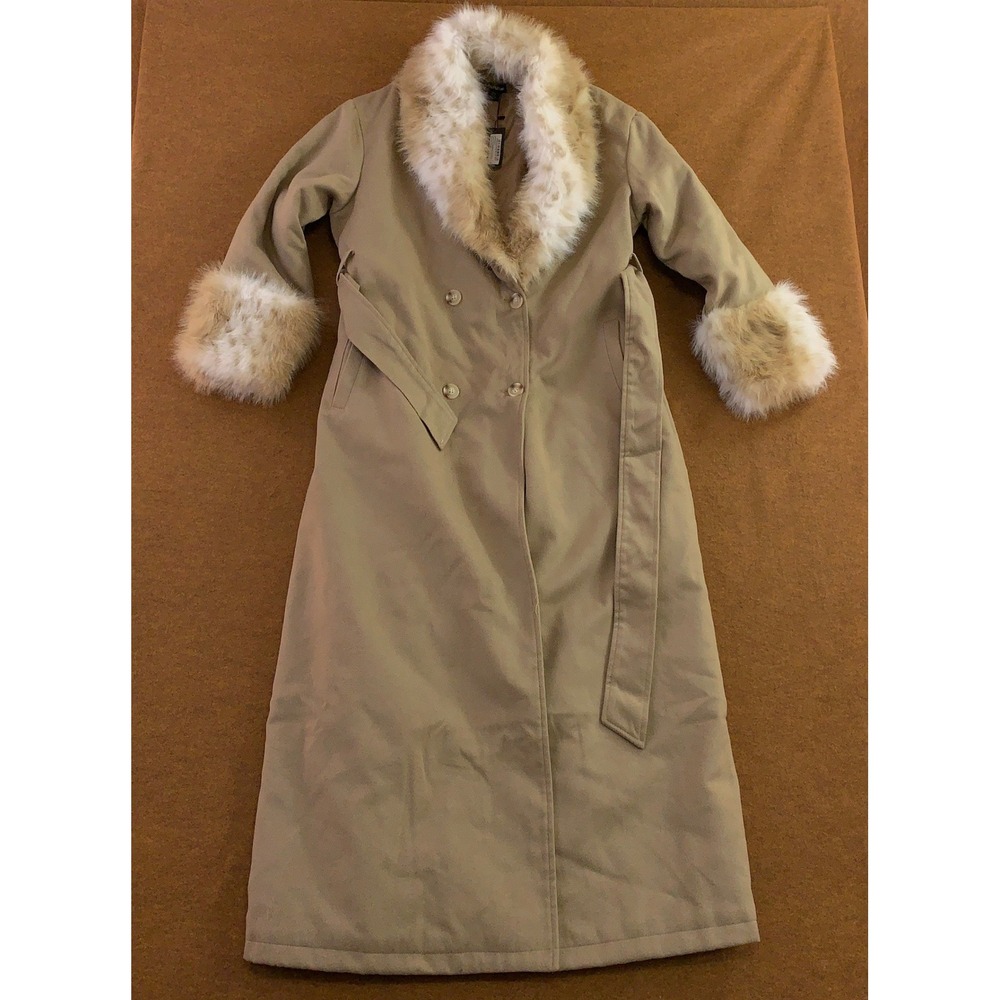PrettyLittleThing Womens 4 Mushroom Faux Fur Trim Wool Look Maxi Coat NWT